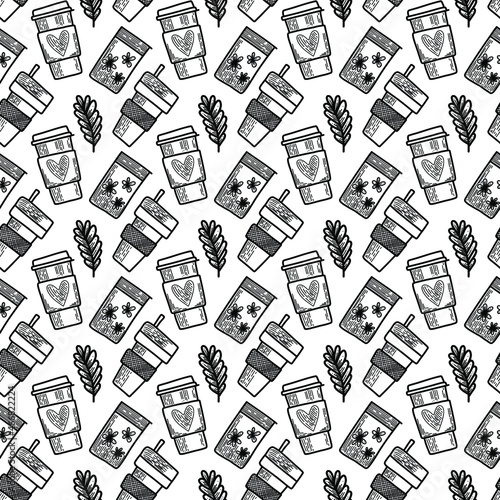 Vector seamless pattern. Outline Illustrations of reusable cups. Coffee and tea mugs for take away drinks. For advertising social media posts printing on paper and fabric.
