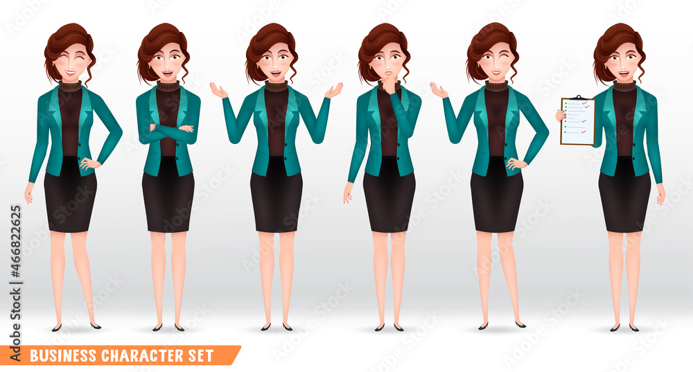 Obraz premium Businessman characters vector set. Business woman character in friendly expression with standing and holding pose and gesture for female employee collection design. Vector illustration. 