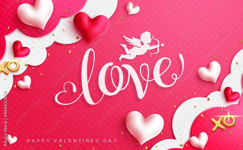 Valentines love vector background design. Love typography text in art decor space with cupid, hearts and clouds element for valentine's day romantic messages decoration. Vector illustration.
