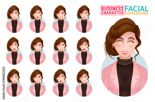 Businesswoman facial expressions vector set. Business woman characters face collection with smiling, friendly, upset and shocked reaction for female employee faces design. Vector illustration.
