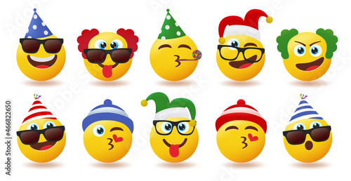 Smileys birthday character vector set. Smiley party emojis wearing birth day hats in cute and funny faces for emoji celebration characters collection design. Vector illustration.
