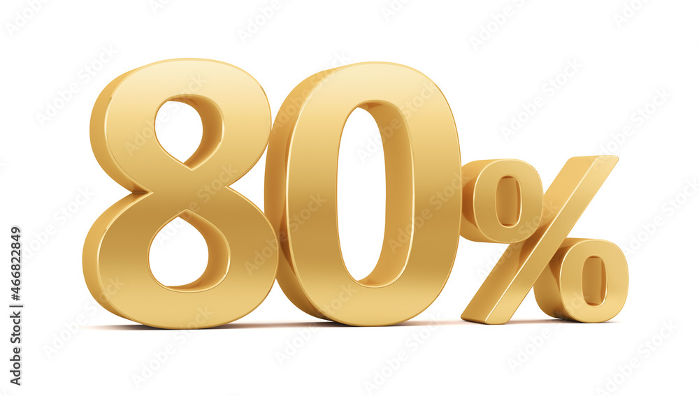 Gold percent isolated on white background. 80% off on sale. Illustration for business ideas. 3d rendering. Gold percent isolated on white background. 80% off on sale. Illustration for business ideas. 3d rendering.