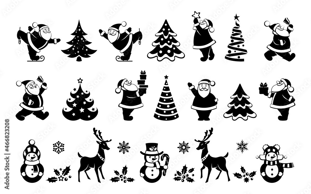 Merry Christmas and Happy New Year icons and symbols set. Various Santa Claus with Christmas tree, ice skating, giving gifts. Cute snowmen and reindeer. Isolated black silhouette. Vector