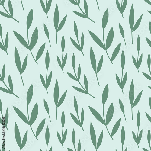 Green leaves seamless pattern on blue background. Foliage vector for paper, wallpaper, fabric, interior design. 