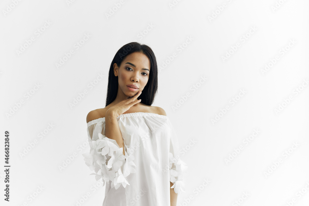 woman with fashionable hairstyle posing makeup decoration woman with fashionable hairstyle posing makeup decoration
