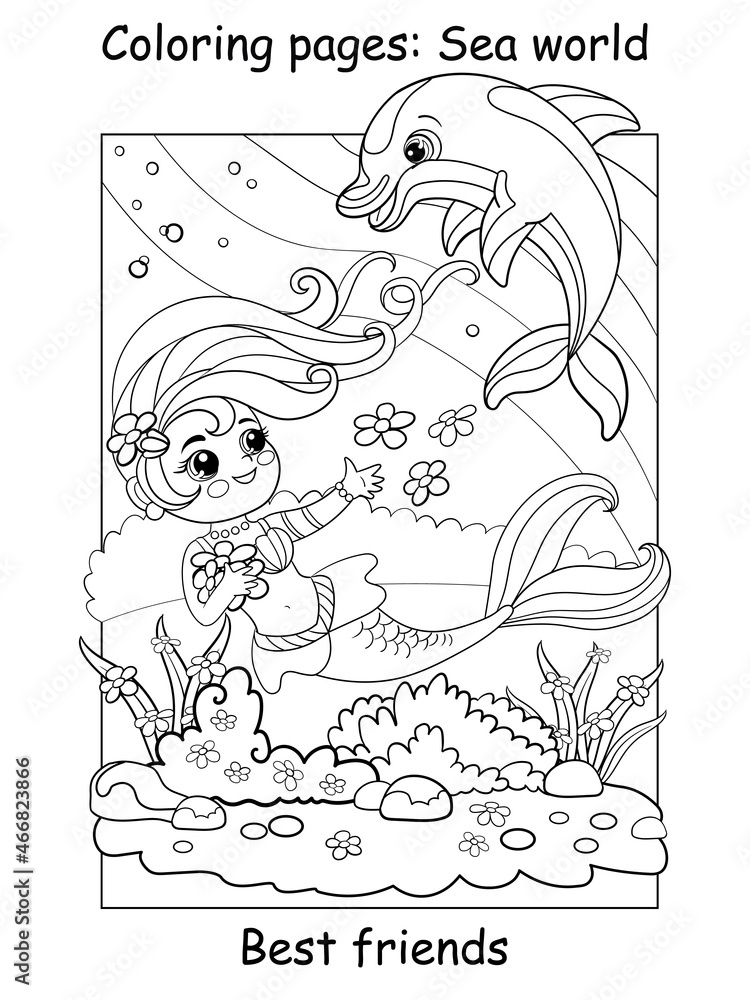 Coloring book page cute mermaid swims with a dolphin Coloring book page cute mermaid swims with a dolphin