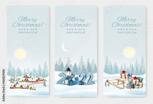Holiday Christmas and Happy New Year banners with a winter village, sledge with presents and  christmas trees. Vector.