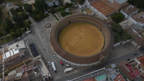 Architecture, aerial view of a massive arena for rodeos in Ronda, Spain, 4k