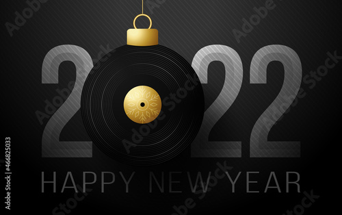 musical vinyl record 2022 Happy New Year. music greeting card with vinyl record bubble ball on the luxury background. Vector illustration