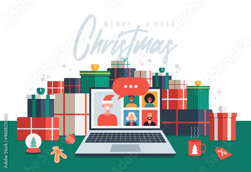 Christmas new normal. people meeting online together with family or friends video calling on computer, shopping and chatting online in internet. Merry and Safe Christmas flat vector illustration photo