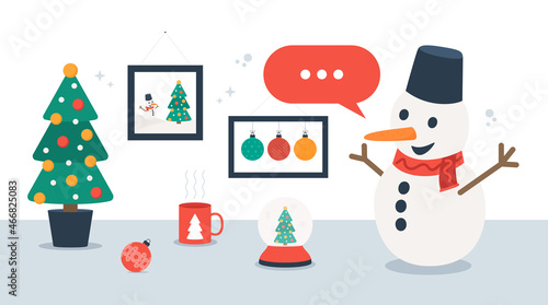 Snowman illustration with red chat speech bubble. Cute snowman rise hand and saying something. Office desk on background. Christmas red scarf and mittens. Speech bubble or call-out message template