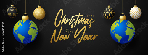 planet earth Christmas ball card. Merry Christmas world greeting card. Hang on a thread earth planet as a xmas ball bauble on black background. world Vector illustration.
