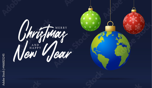 planet earth Christmas ball card. Merry Christmas world greeting card. Hang on a thread earth planet as a xmas ball bauble on black background. world Vector illustration.