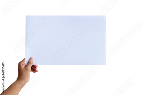 hand holding blank white paper on white background with the clipping path.