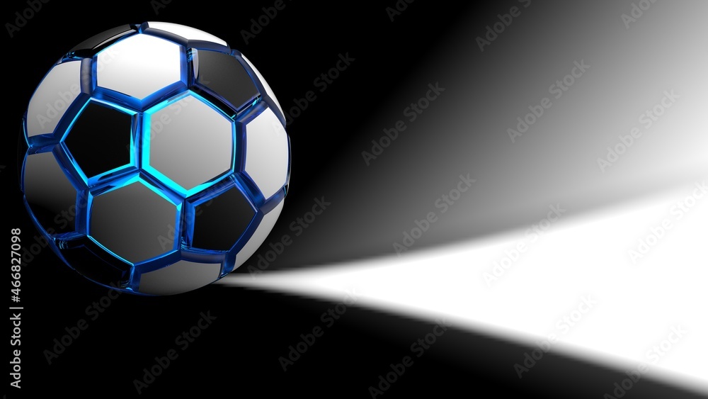 Black-white soccer ball illuminated blue light under black flash background. 3D illustration. 3D high quality rendering.