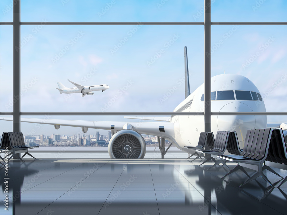 Modern interior of the airport terminal with large glass windows and a passenger plane behind it. 3D rendering. - obrazy, fototapety, plakaty 