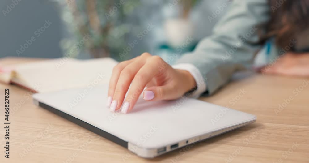 Impatient bored woman waiting for meeting with client, boss in the office of the company, elegant beautiful employee is sitting at the desk holding hand on the laptop, tapping fingers, nails Impatient bored woman waiting for meeting with client, boss in the office of the company, elegant beautiful employee is sitting at the desk holding hand on the laptop, tapping fingers, nails