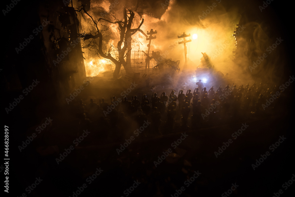 War Concept. Military silhouettes fighting scene on war fog sky background, World War Soldiers Silhouette Below Cloudy Skyline At night. Battle in ruined city. War Concept. Military silhouettes fighting scene on war fog sky background, World War Soldiers Silhouette Below Cloudy Skyline At night. Battle in ruined city.