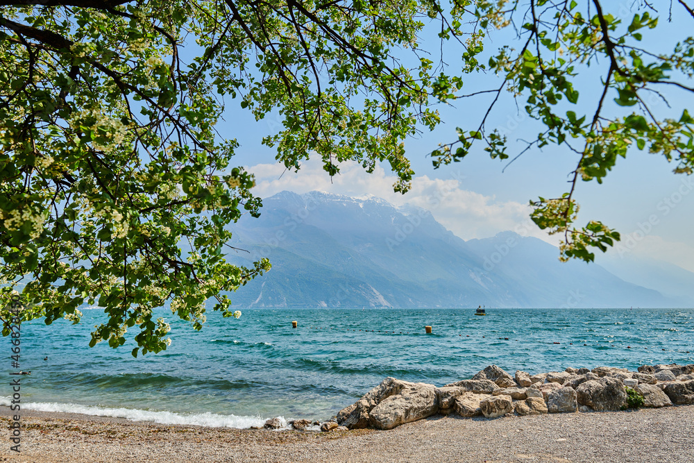 View of the beautiful Lake Garda surrounded by mountains,Riva del garda and Garda lake in the spring time,Trentino Alto Adige region