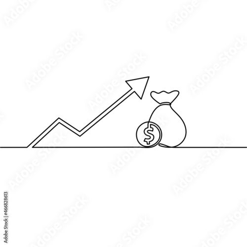 Continuous line drawing of up growth arrow, money bag with coin dollar business finance, income dollar bill, object one line, single line art, vector illustration