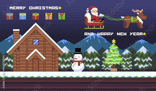 Christmas pixel art vector illustration of background, Santa Claus, reindeer, Christmas tree, hut, forest, snowman, gift box