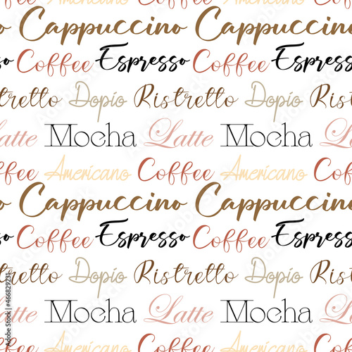 Coffee seamless pattern design. Decorate text in brown colors.