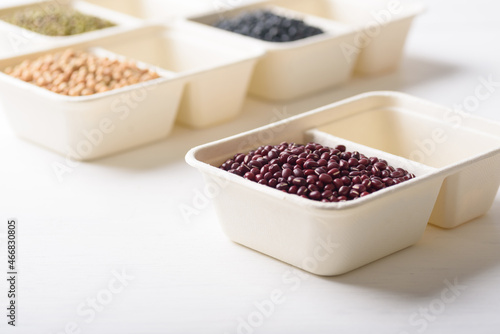 Azuki bean in compostable cardboard boxes are eco-friendly concepts and are mainly used as a plant-based ingredient in vegetarian, healthy food.