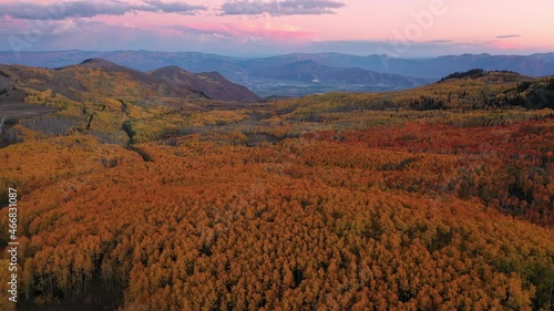 High aerial view over Wasatch Mountain State Park viewing Fall colors covering the canyon in the prime season during sunset it Utah. photo