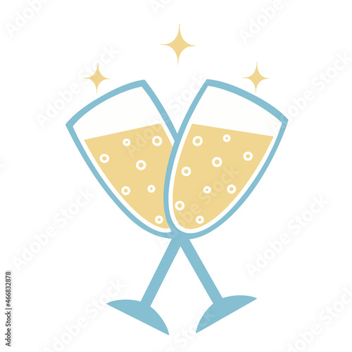 Two glasses with a drink vector icon. Hand-drawn illustration isolated on white background. Two cups clink glasses. Transparent goblet with carbonated liquid, wine, champagne. Flat cartoon style.