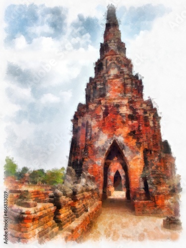 Ancient architecture of Thailand watercolor style illustration impressionist painting.