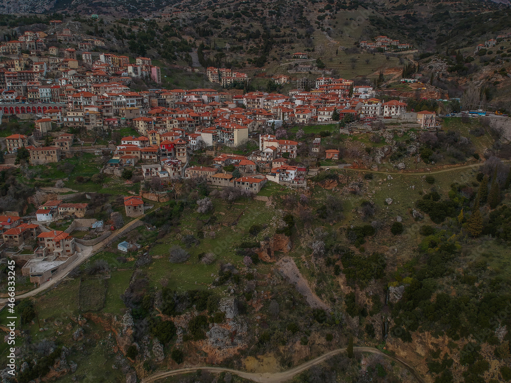 Aerial view of the picturesque village of Arachova, Boeotia, Greece