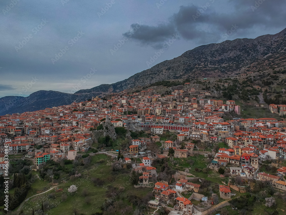 Aerial view of the picturesque village of Arachova, Boeotia, Greece