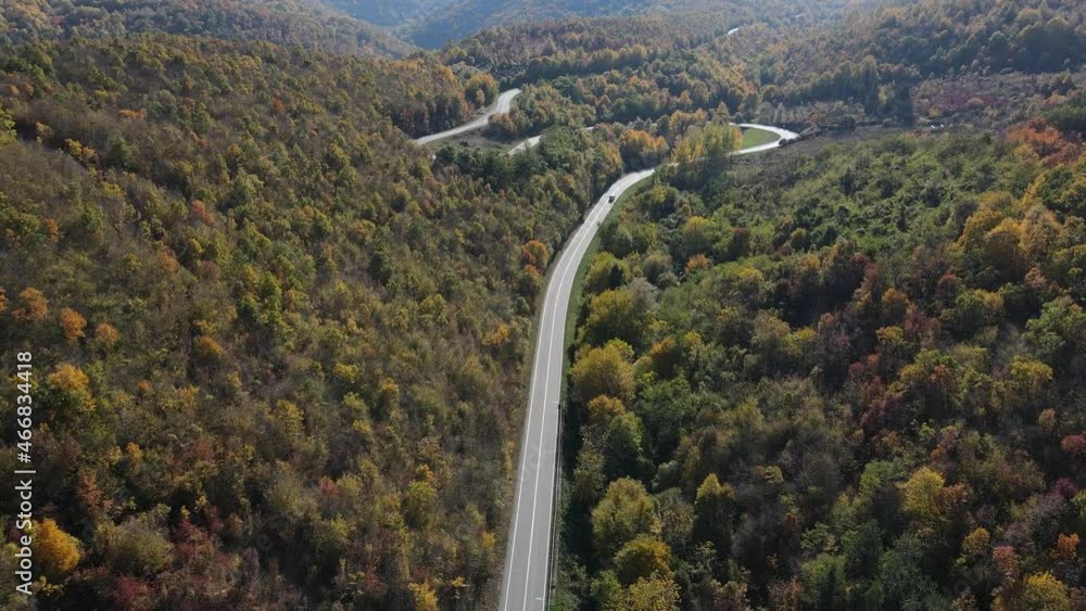 Top down aerial view drone image on the road trough the trees and forest in mountain range in autumn day - Tresibaba Knjazevac Mountain in Serbia - Travel journey and vacation concept car driving Top down aerial view drone image on the road trough the trees and forest in mountain range in autumn day - Tresibaba Knjazevac Mountain in Serbia - Travel journey and vacation concept car driving