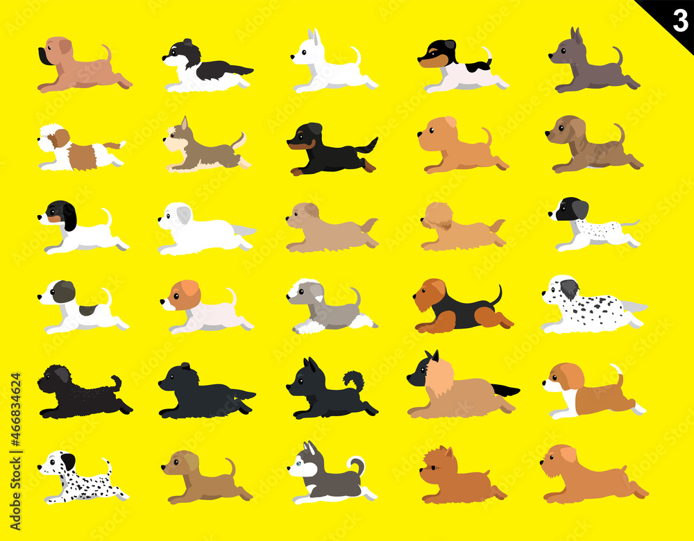 Fototapeta premium Animal Animation Sequence Dog Various Breeds Set 3 Cartoon Vector