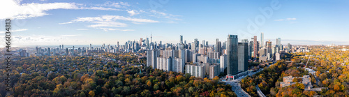 Drone Panorama of Toronto skyline with fall leaafs surrounding the cityscape