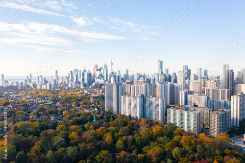 downtown Toronto with Riverdale east park trees with fall colours red green orange and yellow leaf colours. the CN Tower and the Toronto skyline with blue skies and little clouds.