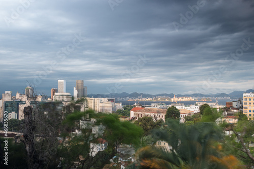 buildings in the center of Rio de Janeiro seen from the top of the Santa Teresa neighborhood in Brazil.