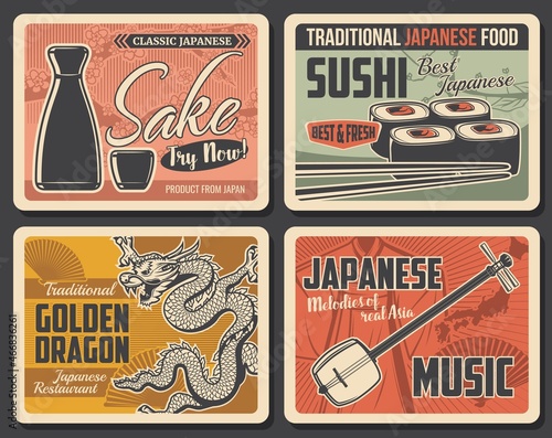 Japanese food restaurant and music retro banners. Sake rise wine ceramic bottle and cup, maki sushi rolls and chopsticks, dragon and shamisen musical instrument vector. Japan culture vintage posters