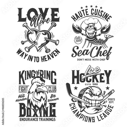 T shirt prints, sport club league, heart, ice hockey and boxing, vector. Fighting club team and champion tee apparel, broken heart tattoo, cuisine chef crab, angry rooster and hockey puck with teeth