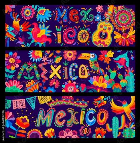 Mexican banners, cartoon sombrero, guitars, parrot and toucan, flowers and cactus, vector. Mexican pattern and alebrije art decor with papel picado flags, poncho and floral ornaments of Mexico fiesta