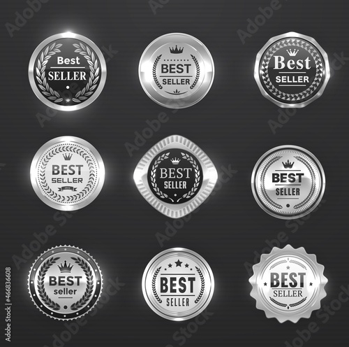 Best seller silver labels, awards and seal, medal badges. Best product, sale offer promotion realistic vector badges, stickers or round labels with chrome metal surface, laurel wreath and crowns