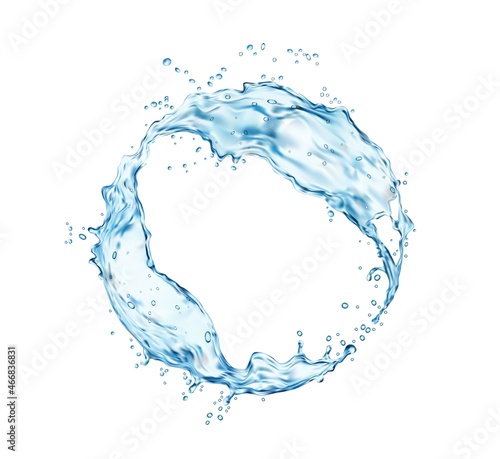 Transparent blue water round swirl frame with splash and bubbles, vector. Realistic 3d water with splashing drops whirl, liquid blue clear aqua wave with fresh droplet of clean drink with pouring flow