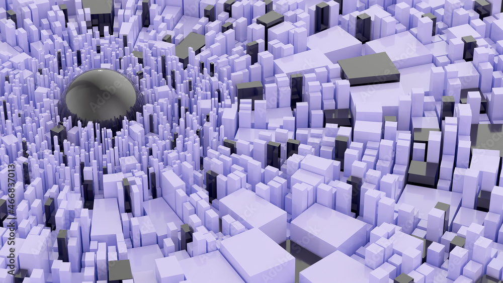 Obraz premium Abstract geometric background with square extrude and black sphere. Violet and black materials. Science fiction concept. 3D rendering.