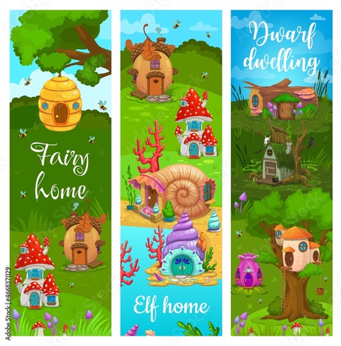 Dwarf, elf and fairy cartoon dwellings and houses. Vector banners with fantasy buildings acorn, stump, , mushroom, bee hive and tree log, snail shell or flower cute homes in forest, swamp and seaside