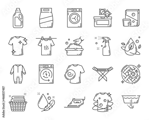 Washing and dry cleaning line icons, vector laundry detergents and symbols. Clothes cleaning and laundromat icons of washing machine, fabric softener and laundry capsules for towels hand wash