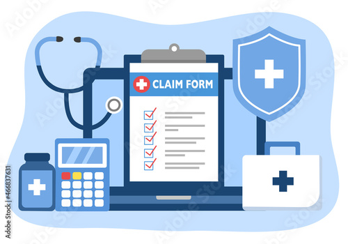 Health insurance claim form with medicine, calculator, stethoscope and medical shield on laptop computer in flat design. Online medical insurance service concept.