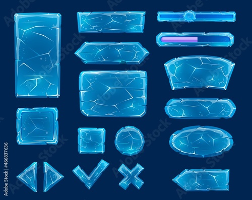 Transparent cartoon ice buttons, sliders, arrows and keys with cracks. Ice crystals game asset, user panel interface elements with play and stop, conformation and decline buttons, progress bar
