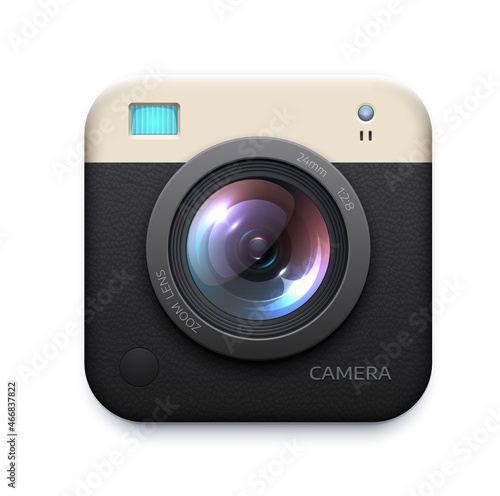 Digital photo camera application icon. Isolated realistic vector social media button. Zoom, snapshot, photocamera graphic element, icon or button of user interface, 3d lens web application