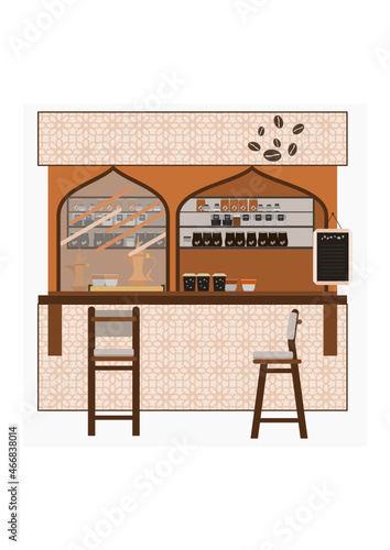 Editable Mini Mobile Arabic Coffee Shop Stand Vector Illustration With Dallah Pot and Finjan Cups for Islamic Moments or Arabian Culture Cafe Related Design