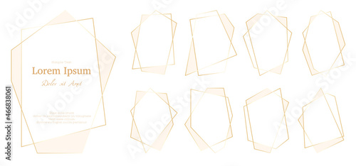 Frame polygonal luxury geometric gold flat set. Elegant label blank wedding invitation template save the date holiday. Decorative boho art deco background border asymmetric shape isolated on white